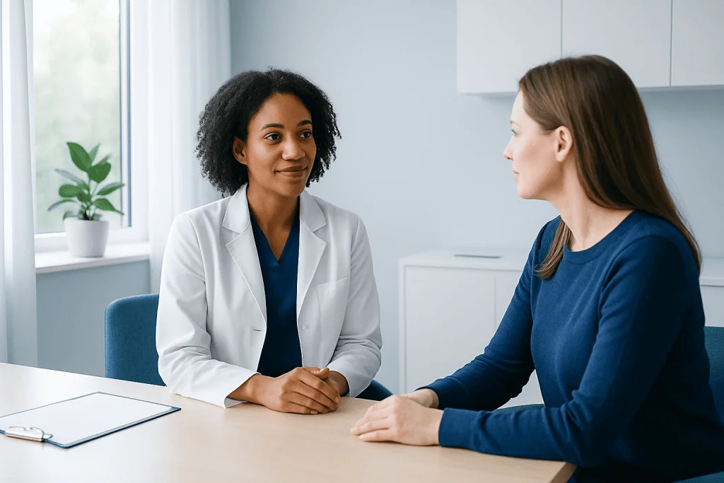 Doctor consulting with a patient in a modern medical office.