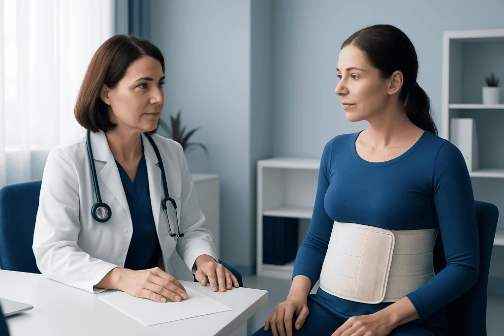 Doctor consulting with patient wearing abdominal binder in clinic setting.