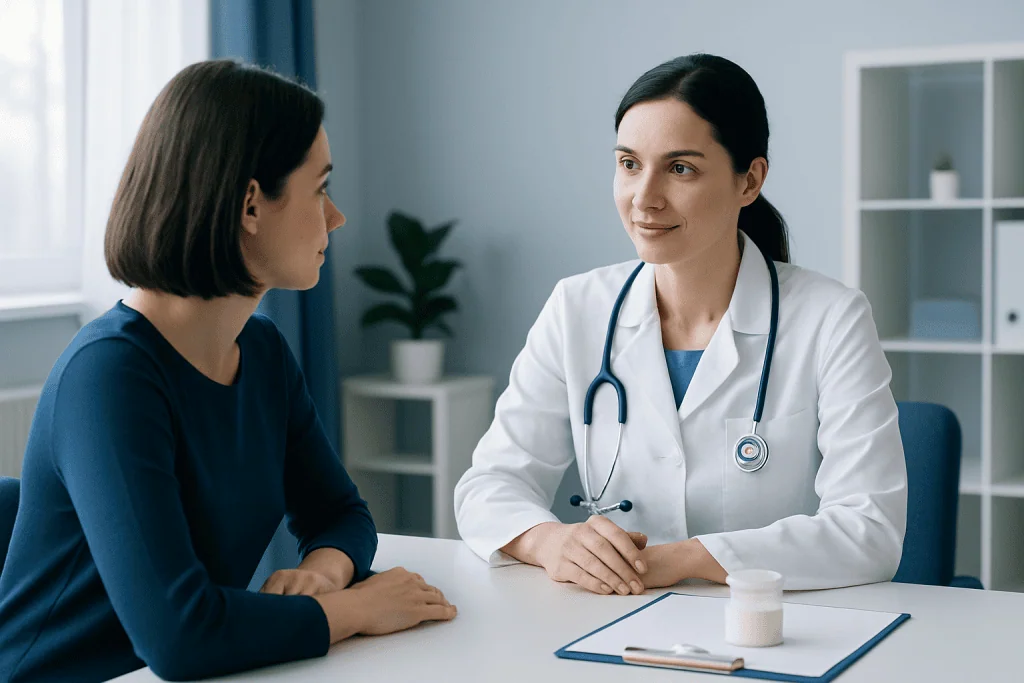 Doctor consulting with a patient in a medical office setting.