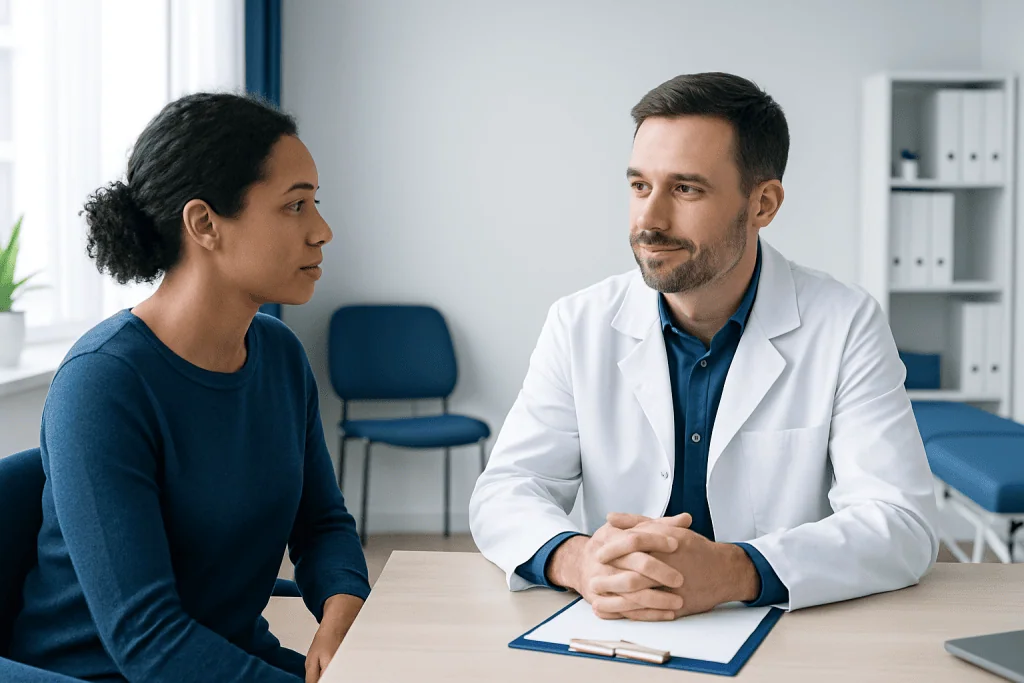 Doctor consulting with a patient in a modern medical office.