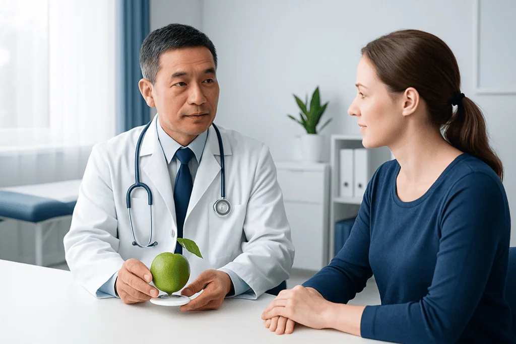 Doctor showing green apple to female patient in medical consultation room.