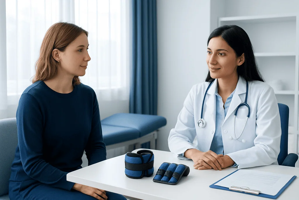 Doctor consulting with patient about ankle weights in a medical office.
