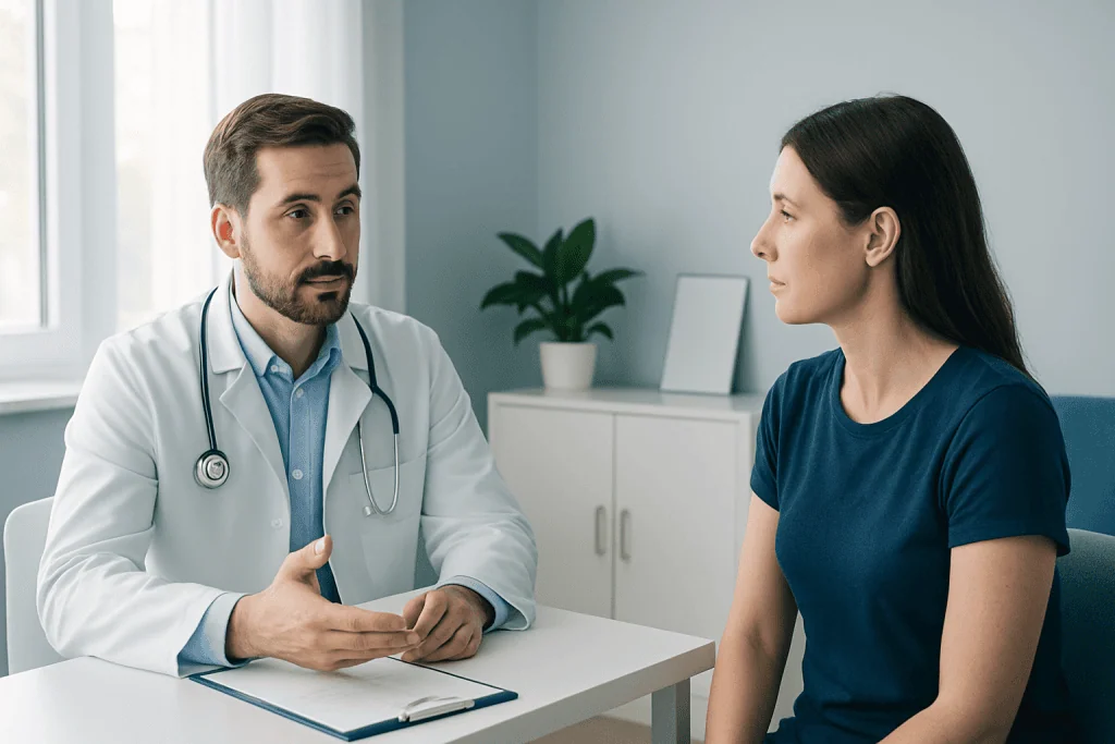 Doctor consulting with a female patient in a medical office.