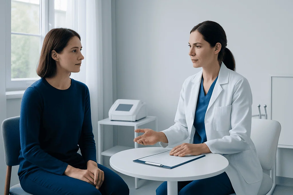 Doctor consulting with patient in a medical office setting.