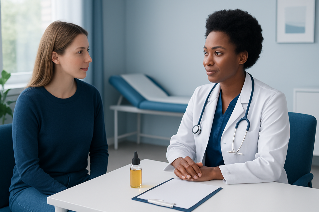Doctor consulting with a patient in a modern hospital room.