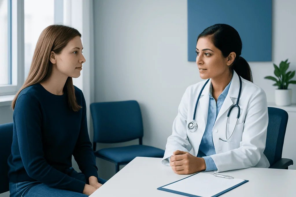 Doctor consulting with a patient in a modern medical office.