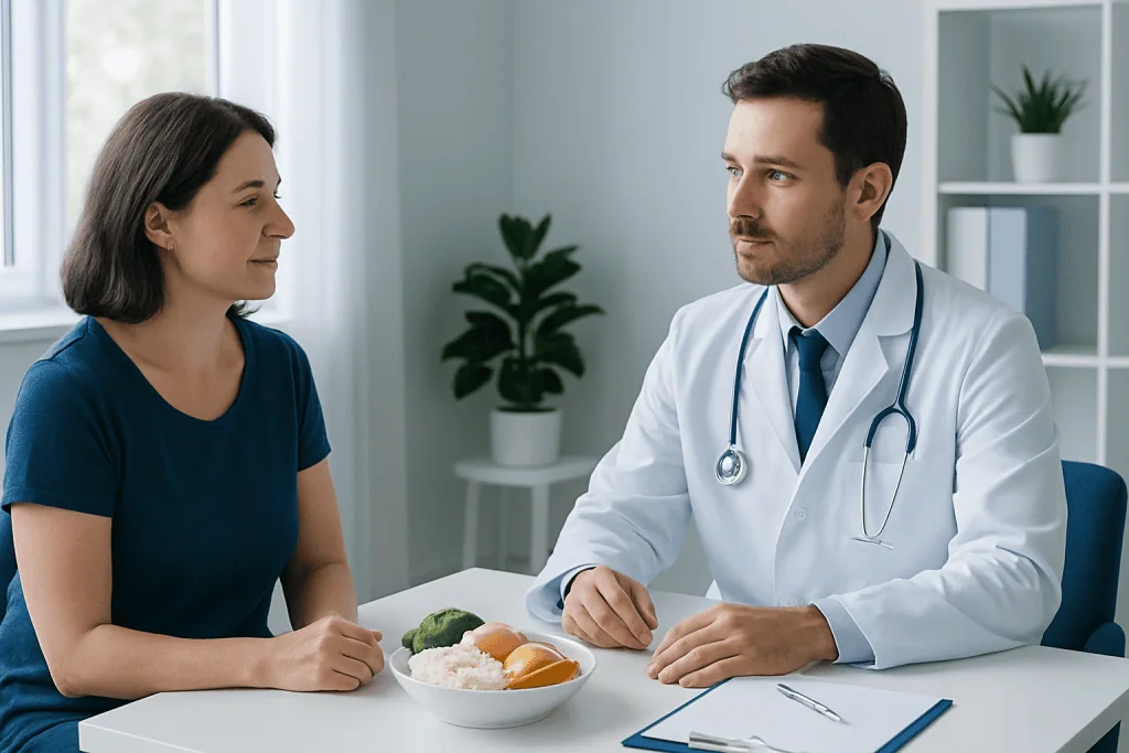 Doctor consulting female patient in a modern clinic setting.