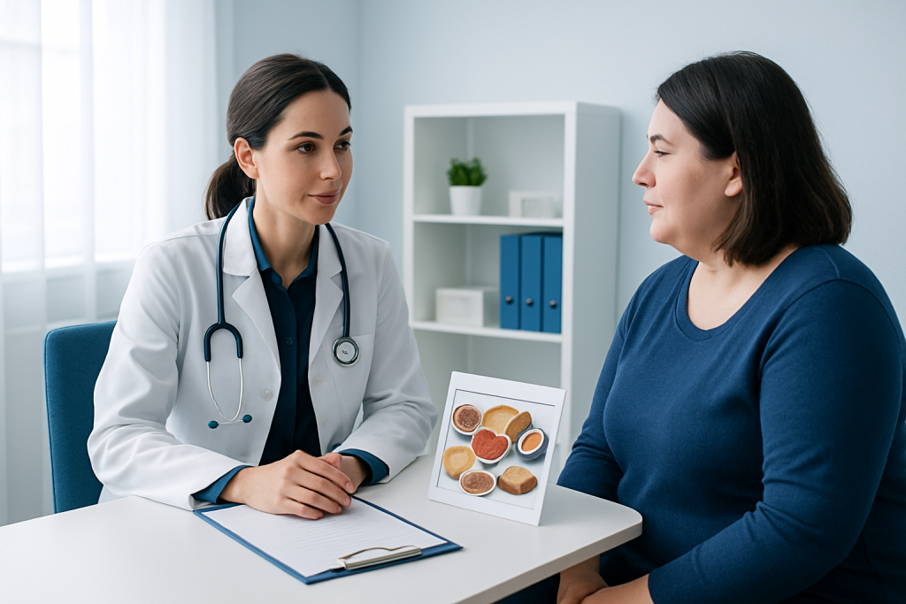 Doctor consulting with patient about nutrition and calorie-dense foods.
