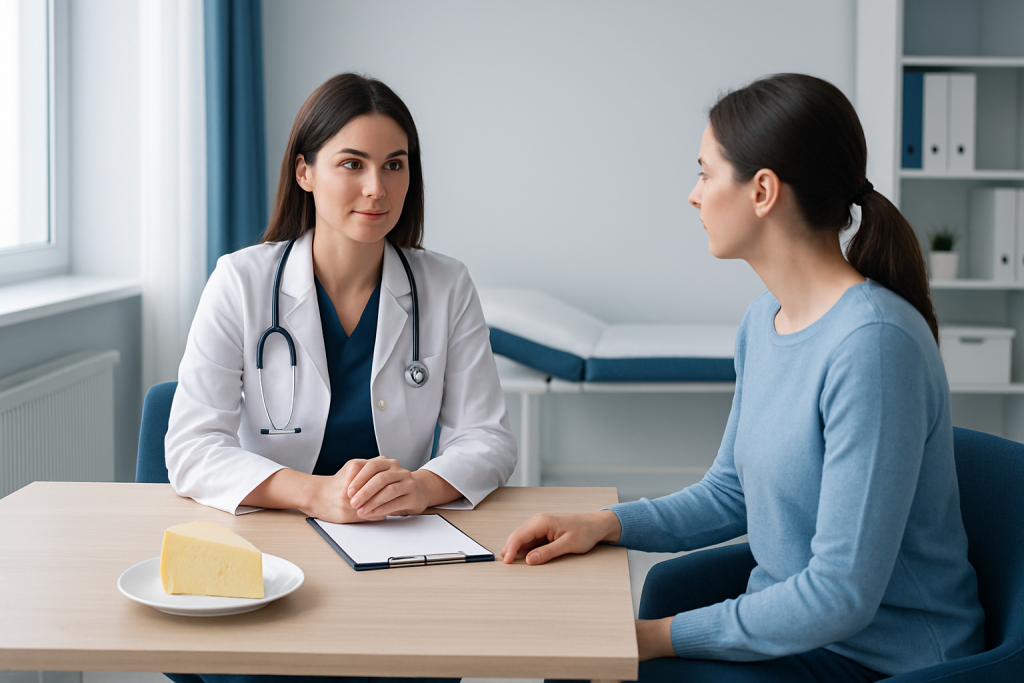 Doctor consulting with patient in a medical office with cheese on the table.