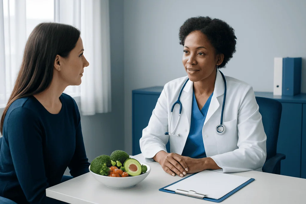 Doctor consulting with patient about healthy eating and diet options.