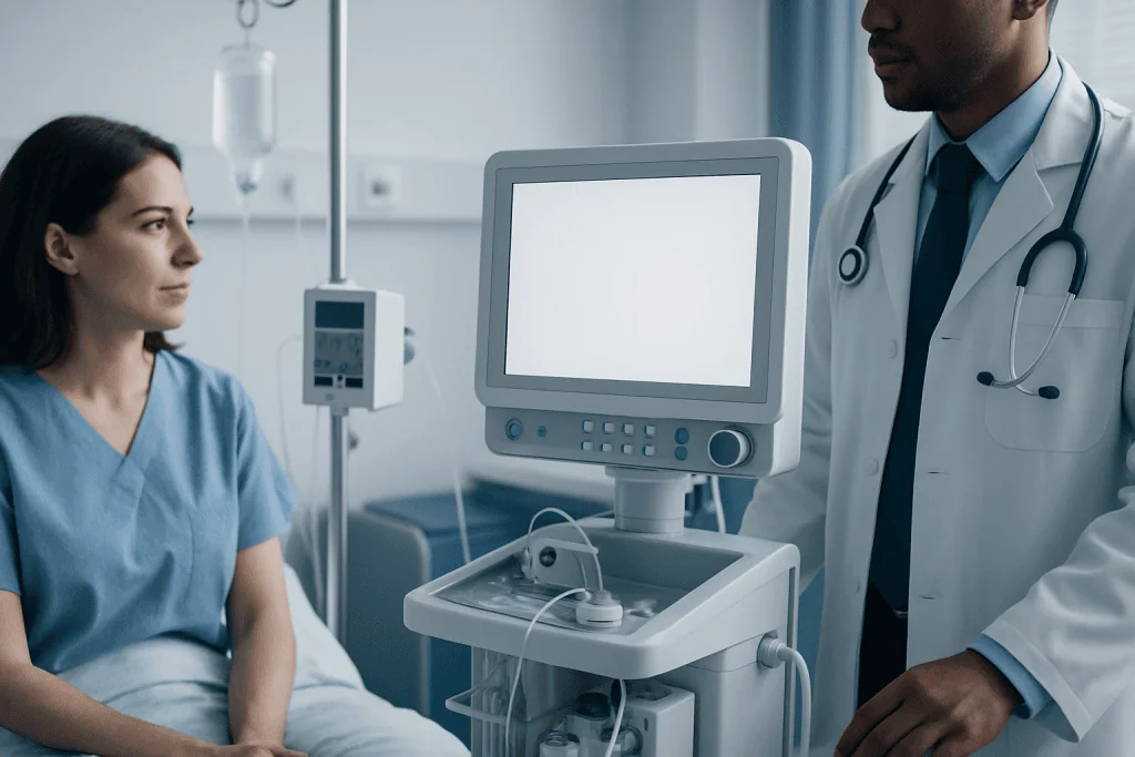 Doctor consulting patient in hospital room with medical equipment.
