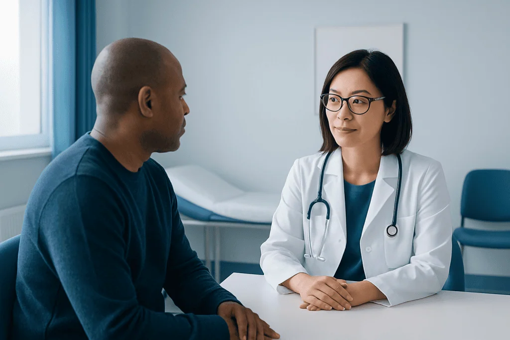 Doctor consulting with a patient in a hospital room.