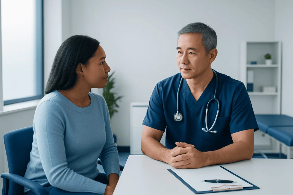 Doctor consulting with a patient in a modern medical office.