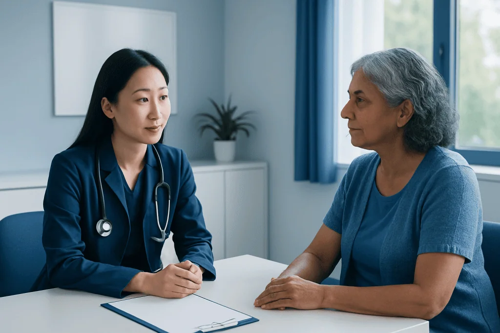 Doctor consulting with an elderly female patient in a medical office.