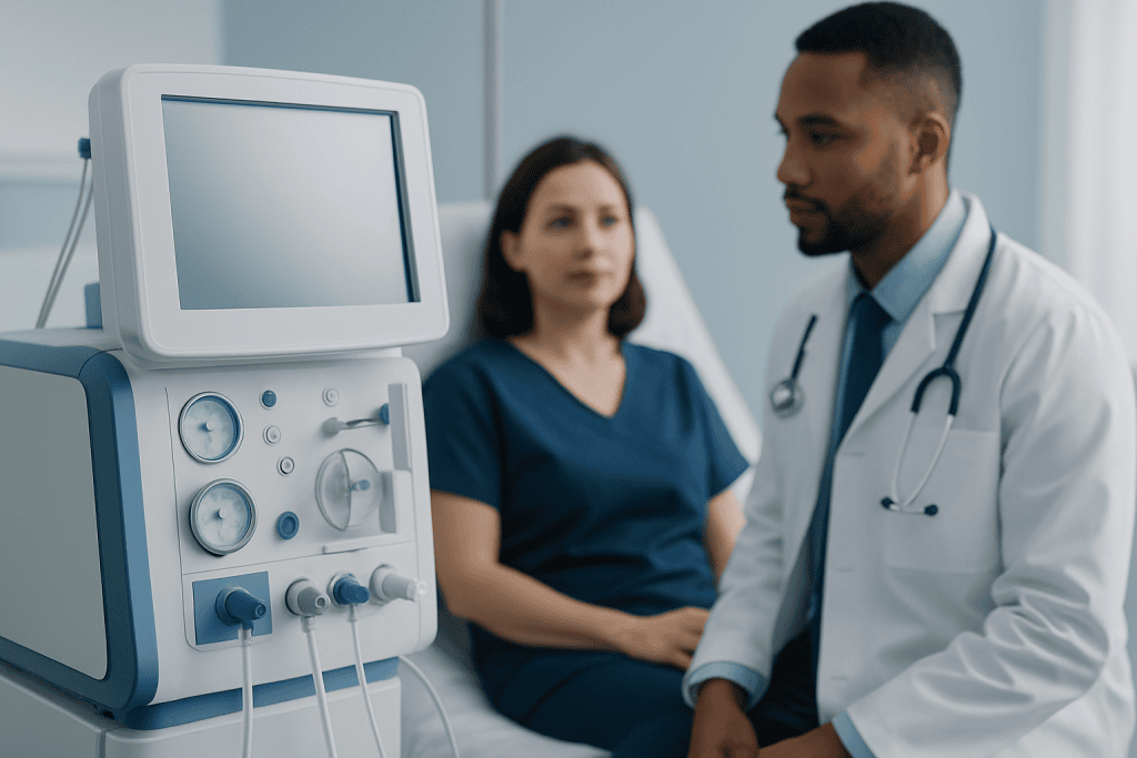 Doctor consulting with patient in hospital room with medical equipment.