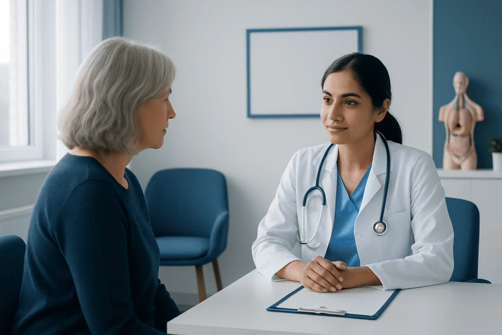 Doctor consulting with an elderly female patient in a medical office.