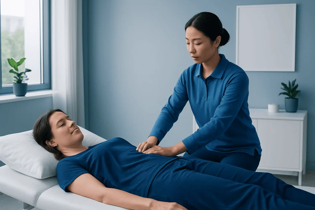 Therapist performing shiatsu massage on patient in clinic room.