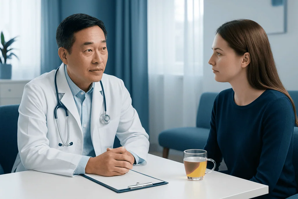 Doctor consulting with a young female patient in a medical office.