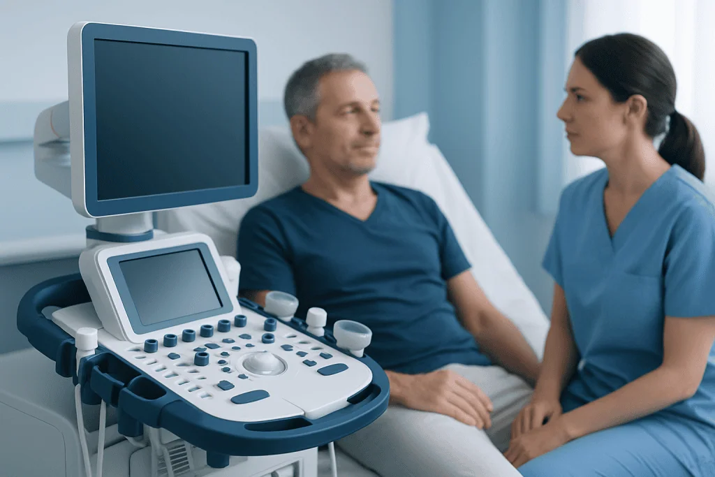Doctor consulting with patient in hospital room with ultrasound machine.