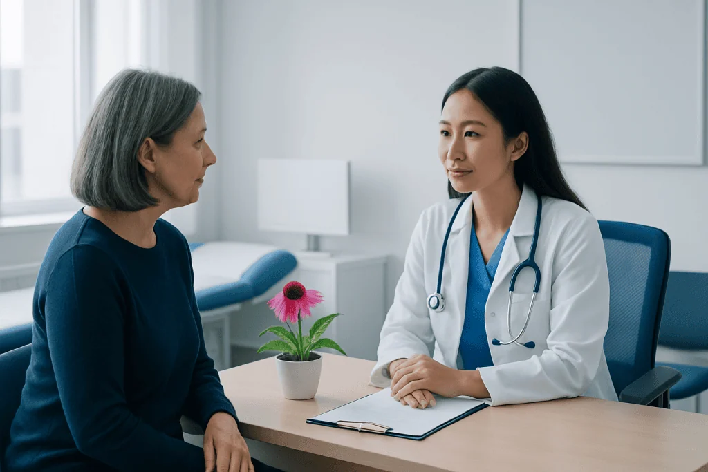 Doctor consulting with an elderly female patient in a medical office.