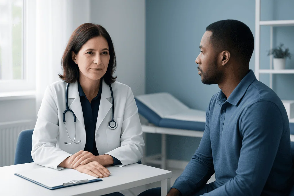 Doctor consulting with a patient in a medical office setting.