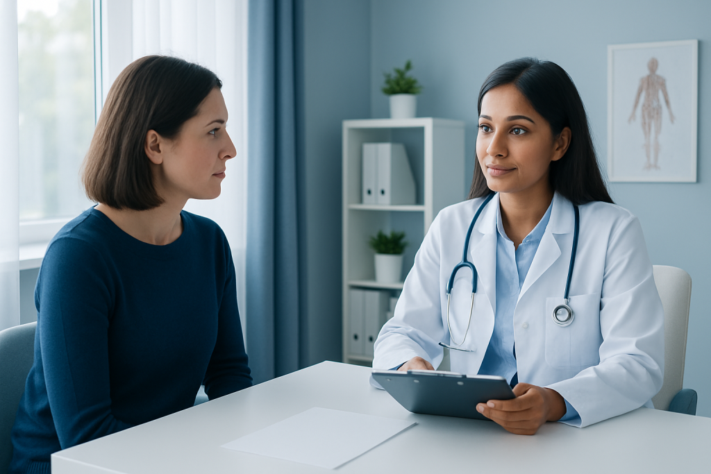 Doctor consulting with a patient in a modern medical office.