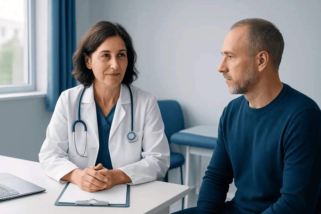 Doctor consulting with a male patient in a medical office setting.
