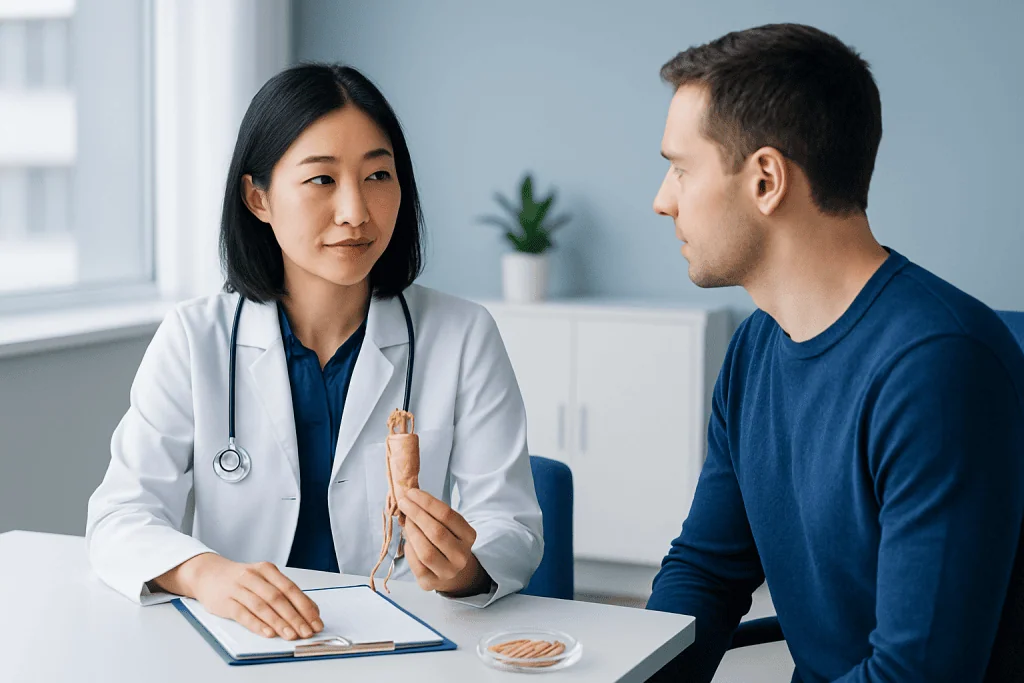 Doctor consulting with patient about herbal supplement benefits in clinic.