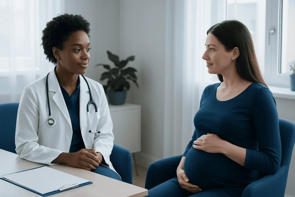 Pregnant woman consulting with a doctor in a medical office.