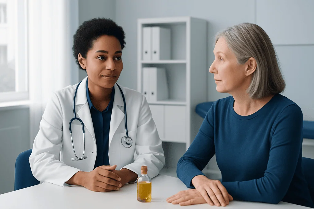 Doctor consulting with an elderly female patient in a medical office.