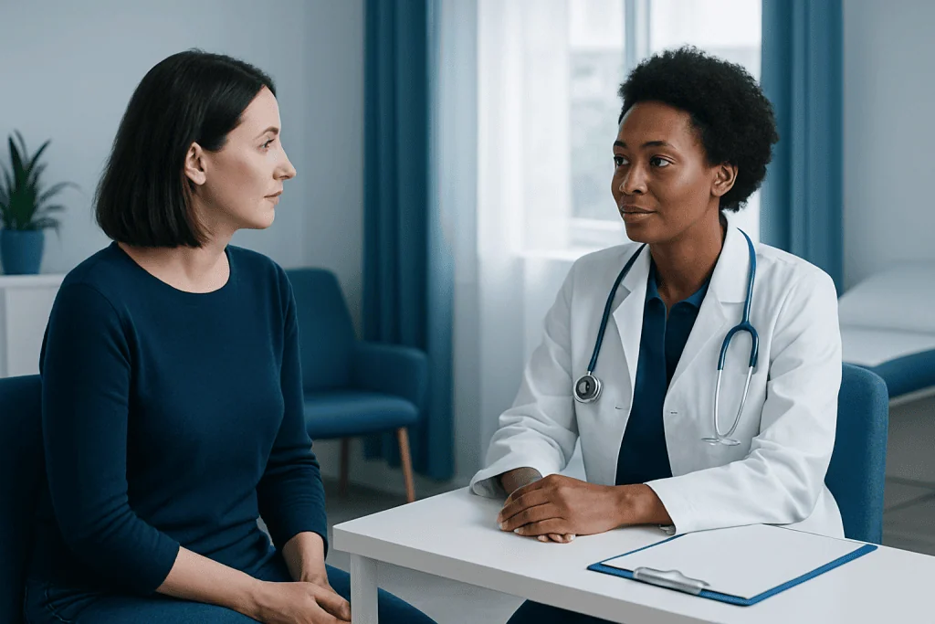 Doctor consulting with a female patient in a medical office setting.