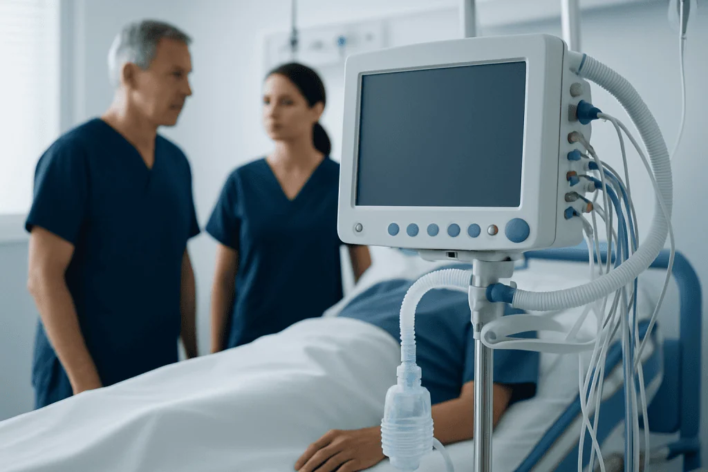 Hospital medical monitor and healthcare professionals in a clinical setting.