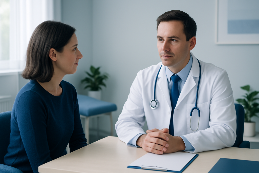 Doctor consulting with a female patient in a modern clinic setting.