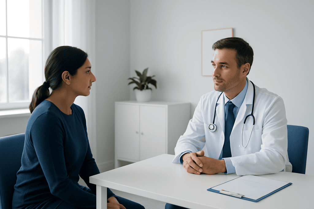 Doctor consulting with a female patient in a modern clinic setting.