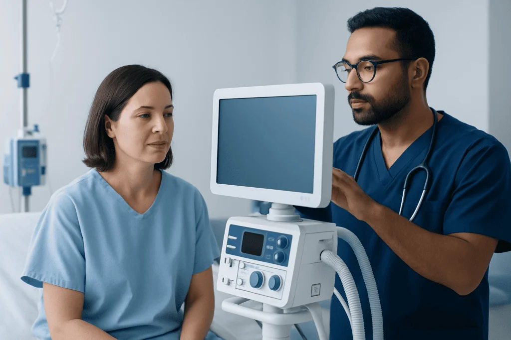 Medical professionals discussing patient care in a hospital room.