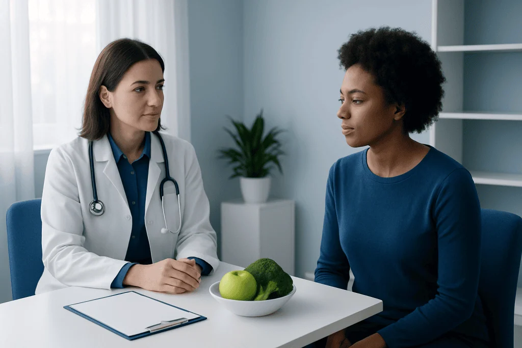 Doctor consulting a patient about healthy eating and low glycemic foods.
