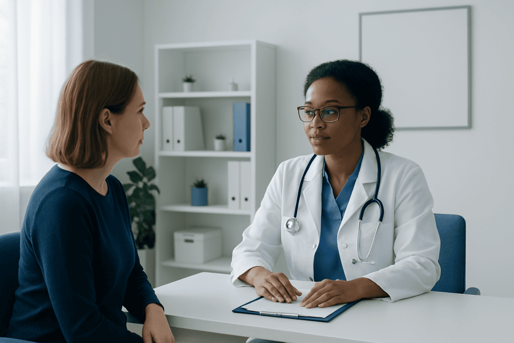 Doctor consulting with a patient in a modern medical office.