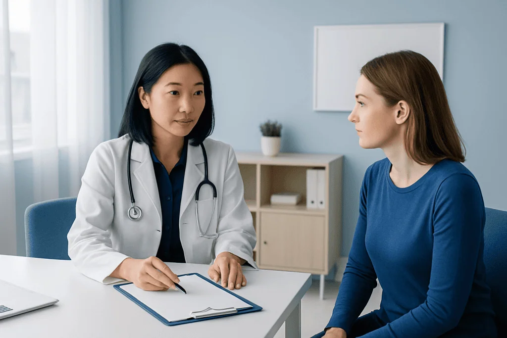 Doctor consulting with a young female patient in a medical office.