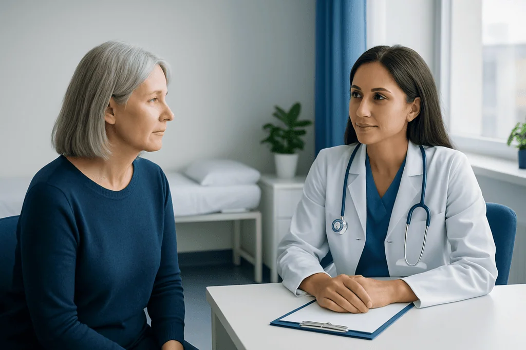 Doctor consulting with an elderly female patient in a medical office.