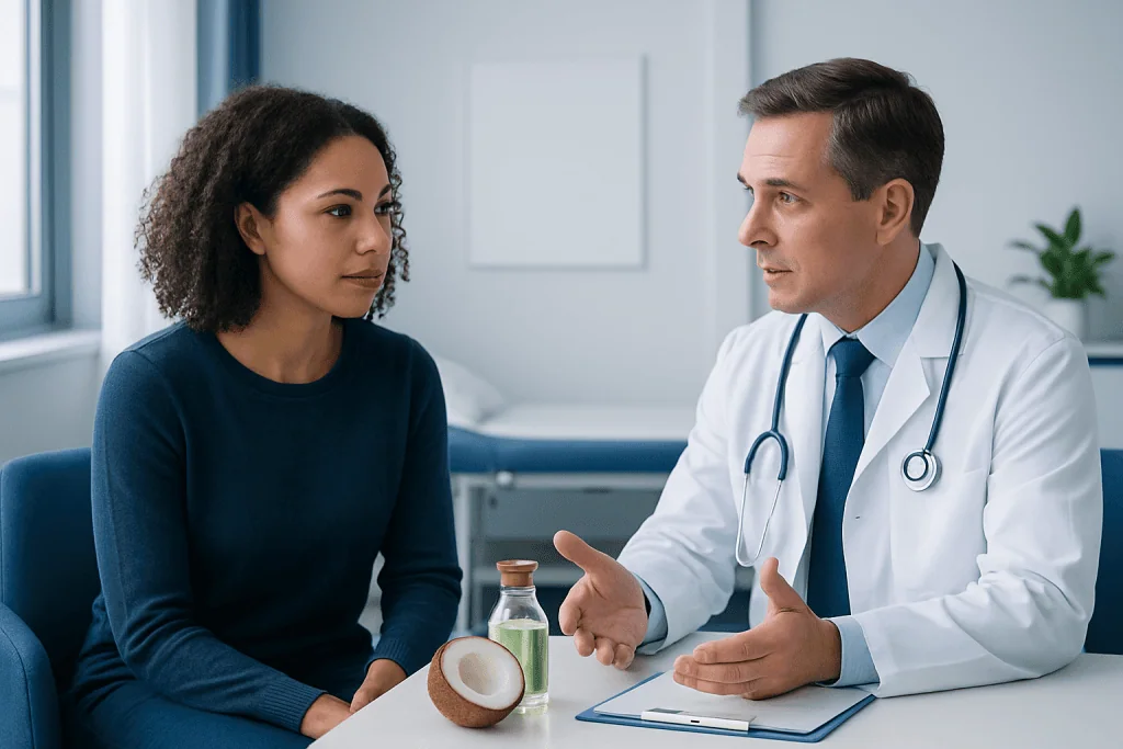 Doctor consulting with a patient about coconut oil benefits for skin health.