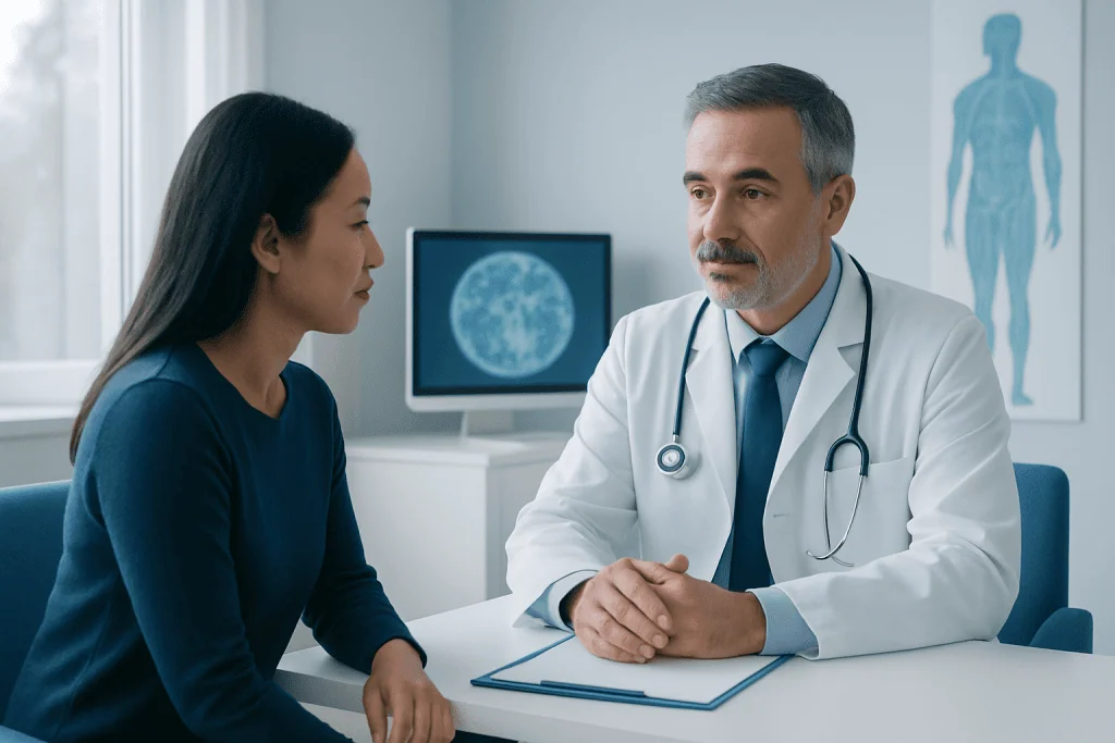 Doctor consulting with a female patient in a medical office setting.