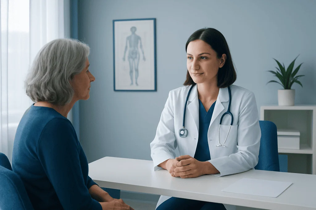 Doctor consulting with elderly patient in a medical office.