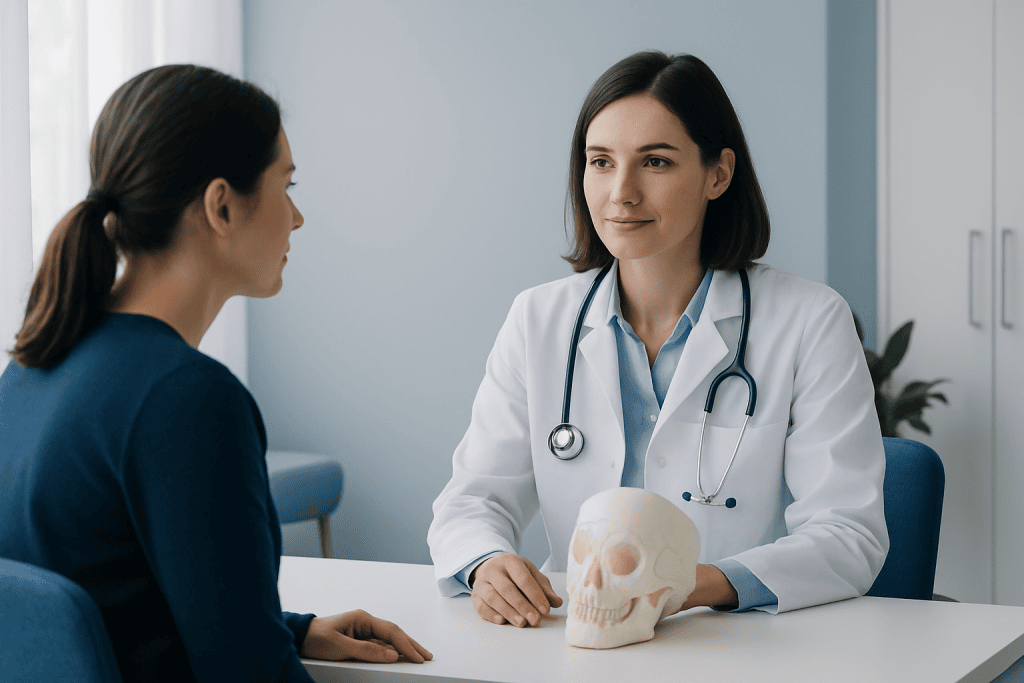Doctor explaining skull anatomy to patient in a medical consultation.