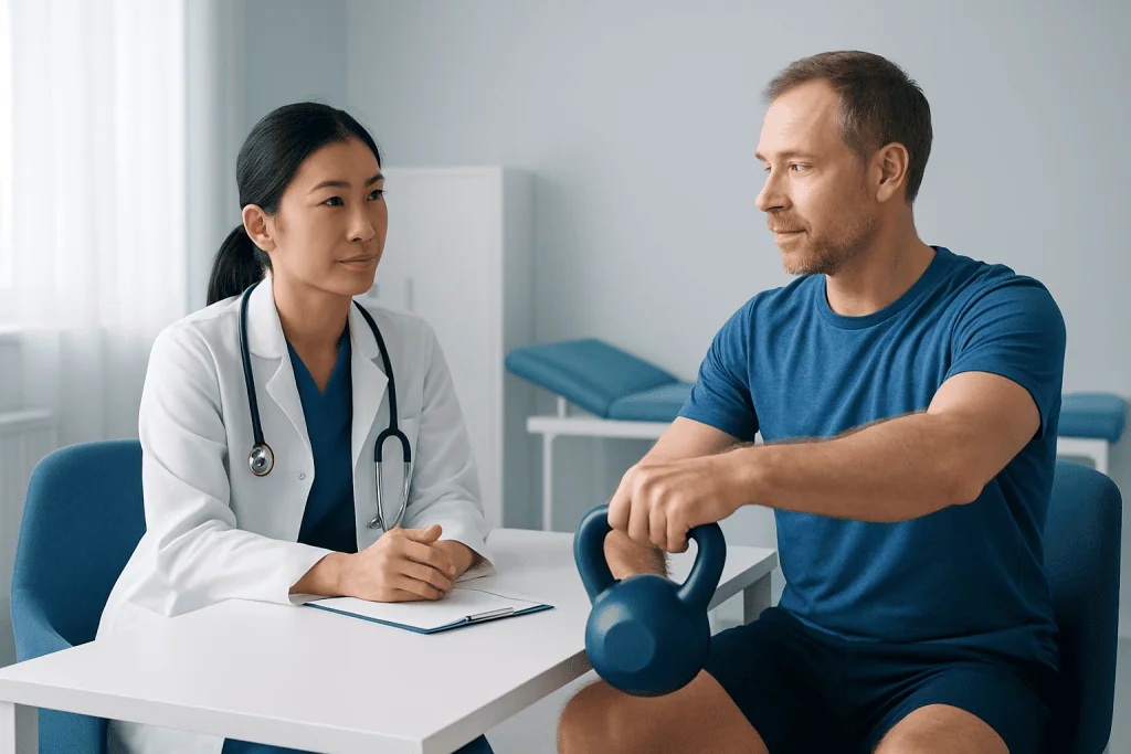 Doctor consulting with patient during medical examination with kettlebell.