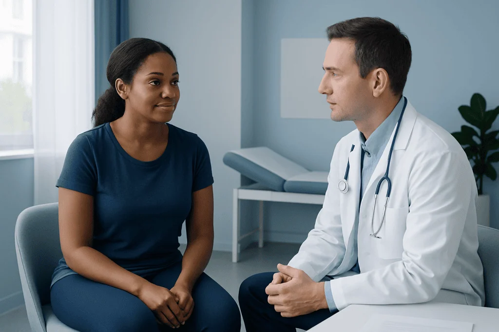 Doctor consulting with a patient in a medical office setting.