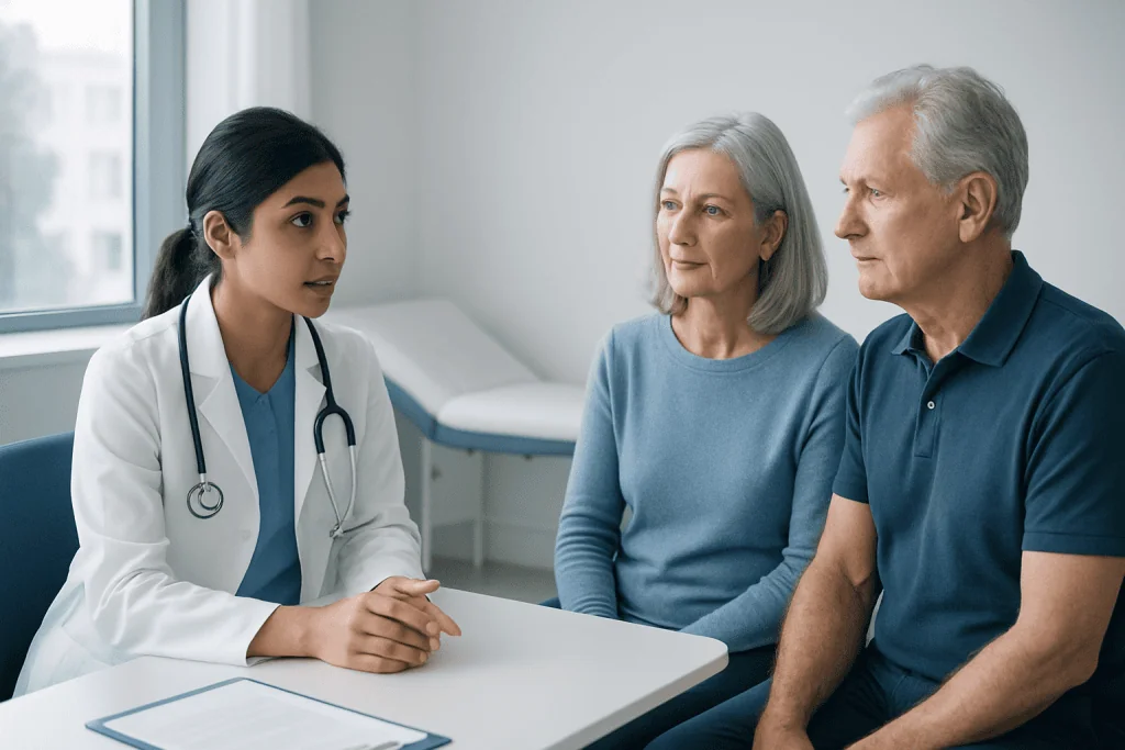 Doctor consulting elderly couple in a medical office setting.