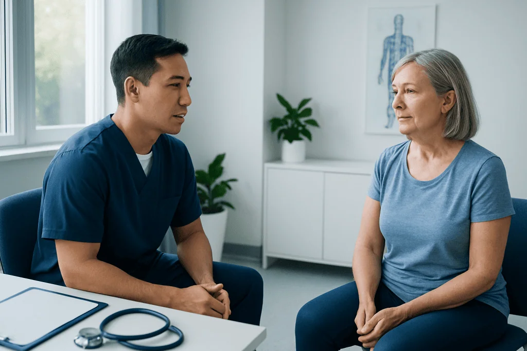 Doctor consulting with an elderly female patient in a medical office.