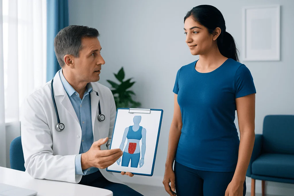 Doctor explaining abdominal health to a patient with a diagram.