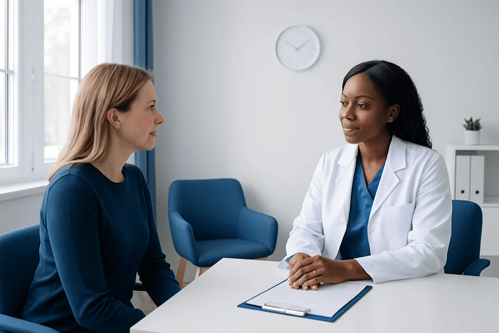 Doctor consulting with patient in a modern medical office.