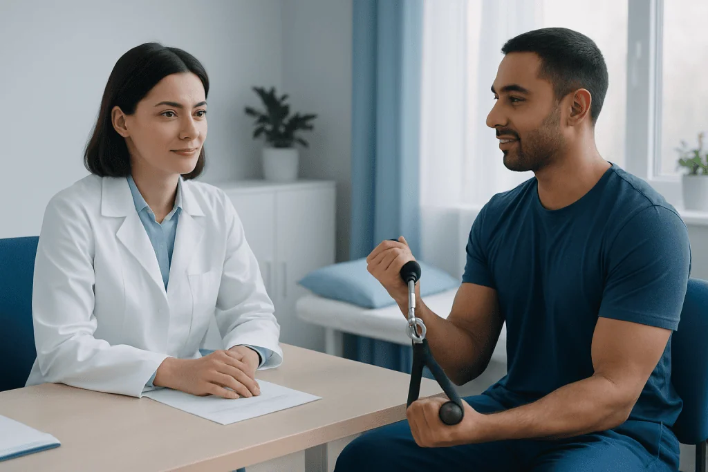 Doctor consulting with patient about exercise equipment in clinic setting.